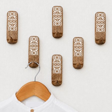 6 Pieces Wooden Handmade Brown And White Adhesive Wall Hooks