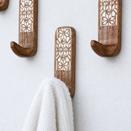 6 Pieces Wooden Handmade Brown And White Adhesive Wall Hooks