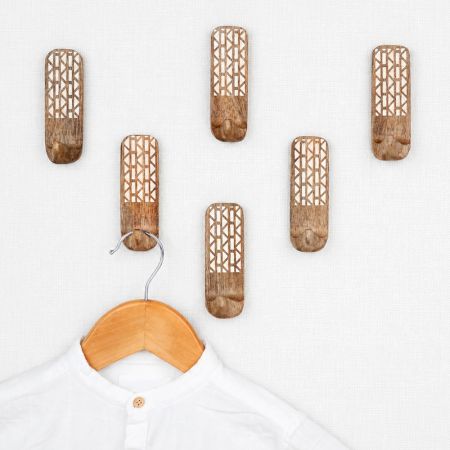 6 Pieces Handcrafted Wooden Adhesive Wall Hooks
