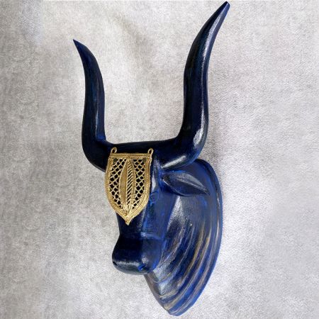 Blue Bull Head Handcrafted Wooden Wall Art