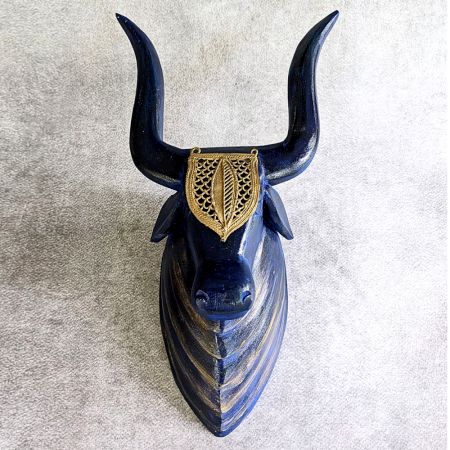 Blue Bull Head Handcrafted Wooden Wall Art