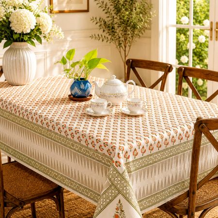 Teal Green Buta Handmade Cotton Canvas Table Cover
