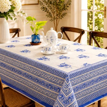 Blue Floral Pattern Handmade Canvas Cotton Table Cover