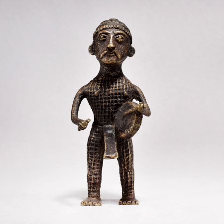 Tribal Male Figure Beating Traditional Drum Statue Made of Brass