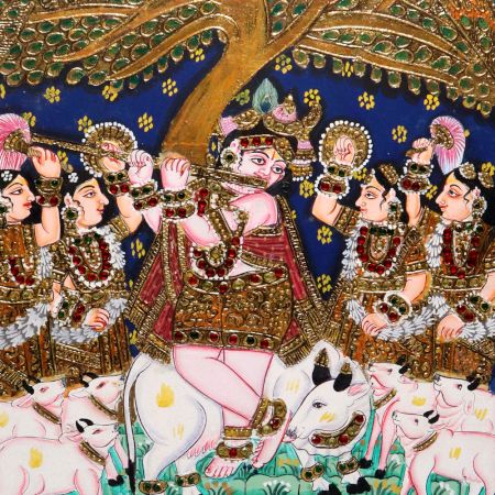 Lord Krishna Vintage Paper Painting in Tanjore Art