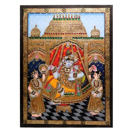 Beautiful Lord Krishna Paper Painting with Gopis in Tanjore Art