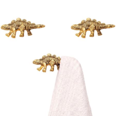 3 Pieces Dinosaur Aluminium Golden Heavy Duty Wall Hooks