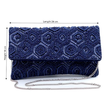 Handcrafted Navy Blue Beaded Evening Clutch Bag with Chain Strap