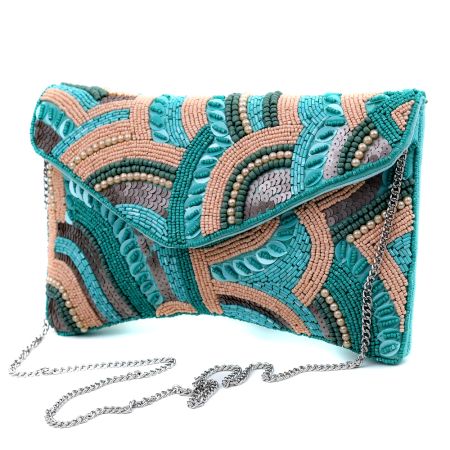 Handcrafted Turquoise Beaded Evening Clutch Bag with Chain Strap