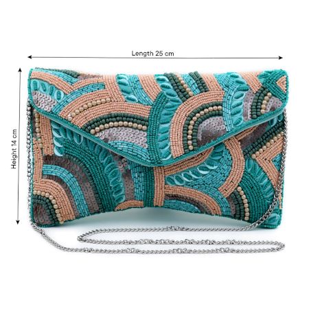 Handcrafted Turquoise Beaded Evening Clutch Bag with Chain Strap
