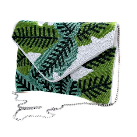 Handcrafted Tropical Leaf Beaded Clutch Bag with Chain Strap