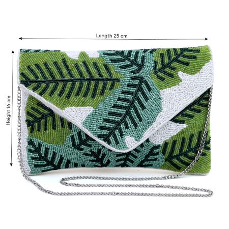 Handcrafted Tropical Leaf Beaded Clutch Bag with Chain Strap