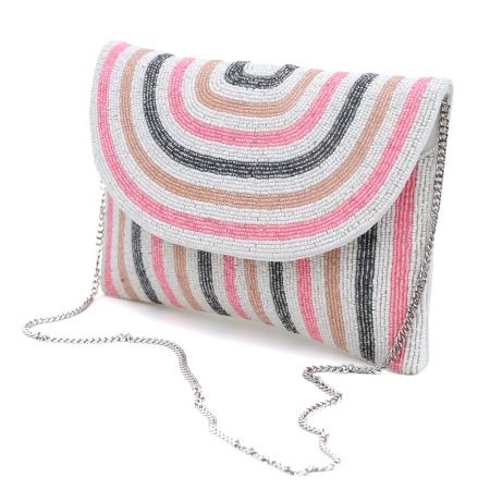 Elegant Stripe Hand Beaded Clutch Bag with Chain Strap