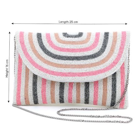 Elegant Stripe Hand Beaded Clutch Bag with Chain Strap