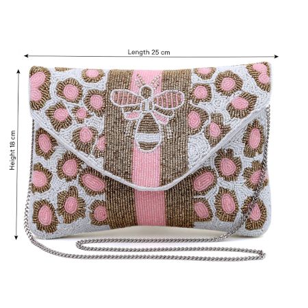 Handmade Pink & Gold Beaded Clutch Bag