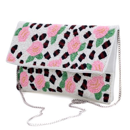 Handmade Floral Beaded Clutch Bag with Pink Roses
