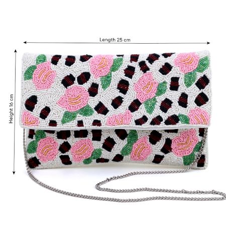 Handmade Floral Beaded Clutch Bag with Pink Roses
