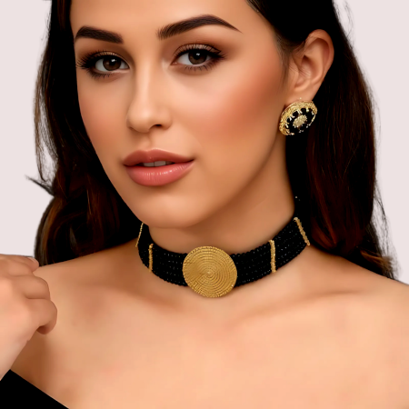 Handmade Brass Alloy Timeless Grace Black Beaded Choker Necklace
