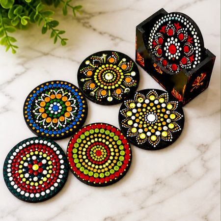Handmade MDF Dot Mandala Tea Coasters with Stand Set of 6