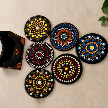 Handmade MDF Dot Mandala Tea Coasters with Stand Set of 6
