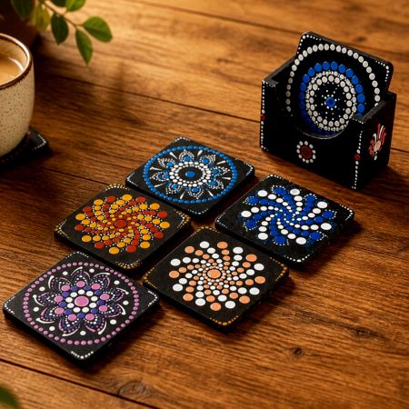 Handmade MDF Dot Mandala Tea Coasters with Holder Set of 6
