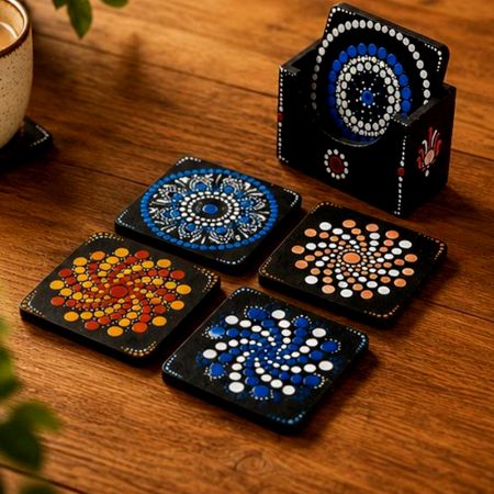 Handmade MDF Dot Mandala Tea Coasters with Holder Set of 6
