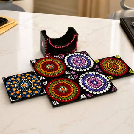 Handcrafted MDF Dot Mandala Tea Coasters with Stand Set of 6