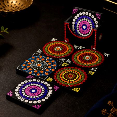 Handcrafted MDF Dot Mandala Tea Coasters with Stand Set of 6