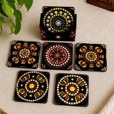 Handcrafted MDF Dot Mandala Tea Coasters with Holder Set of 6