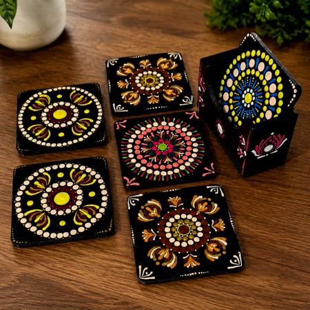 Handcrafted MDF Dot Mandala Tea Coasters with Holder Set of 6