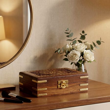 Handcrafted Sheesham Wood Brass Inlay Jewelry Box