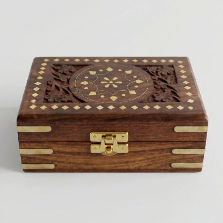 Handcrafted Sheesham Wood Brass Inlay Jewelry Box
