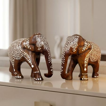 Handcrafted Sheesham Wood Elephant Pair with White Inlay