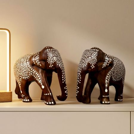 Handcrafted Sheesham Wood Elephant Pair with White Inlay
