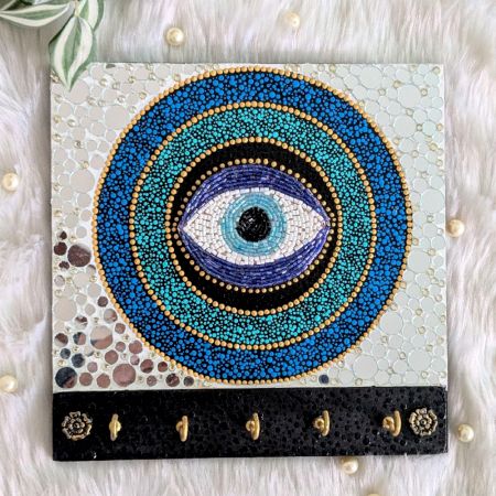 Handcrafted Evil Eye Wooden Key Holder with Mosaic Art and Hooks