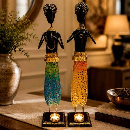 Handcrafted Tribal Figurine Mirror Mosaic Musicians Set of 2 Decor