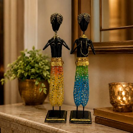 Handcrafted Tribal Figurine Mirror Mosaic Musicians Set of 2 Decor