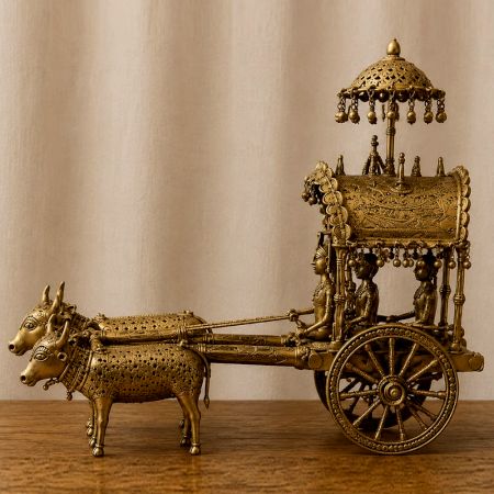 Handcrafted Brass Dhokra Bullock Cart with Tribal Couple