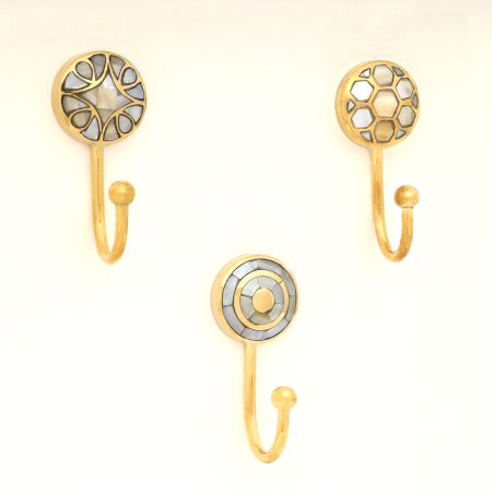 3 Pieces Handmade Brass Mother of Pearl Decorative Wall Hooks