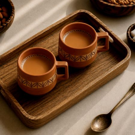 Handcrafted Ajanta Leaf Design Terracotta Cups Set of 2