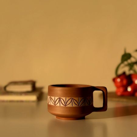 Handcrafted Ajanta Leaf Design Terracotta Cups Set of 2
