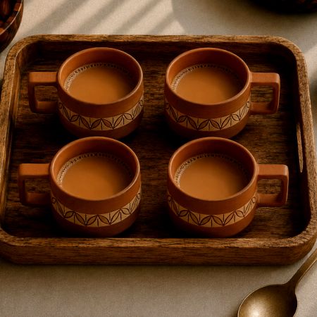 Handcrafted Ajanta Leaf Design Terracotta Cups Set of 4