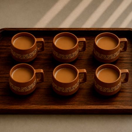 Handcrafted Ajanta Leaf Design Terracotta Cups Set of 6