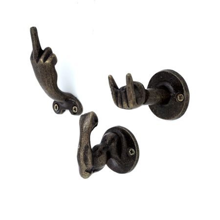 3 Pieces Antique Handmade Rustic Cast Iron Hand Gestures Wall Hooks