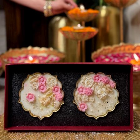 White & Pink Flower Embed Soy Wax Urli Candle Set of 2
