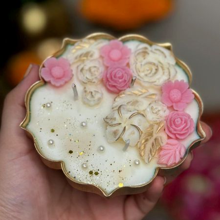 White & Pink Flower Embed Soy Wax Urli Candle Set of 2