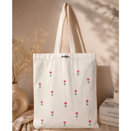 Hand-Embroidered Pink Tulip Canvas Cotton Tote Bag