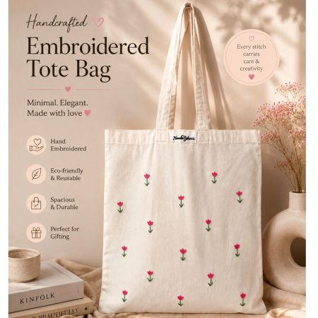 Hand-Embroidered Pink Tulip Canvas Cotton Tote Bag