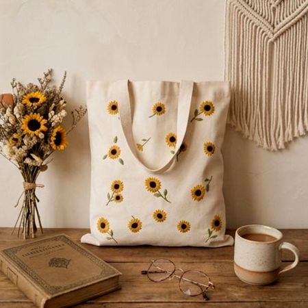Hand-Embroidered Sunflower Canvas Cotton Tote Bag