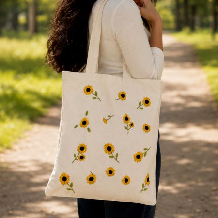 Hand-Embroidered Sunflower Canvas Cotton Tote Bag